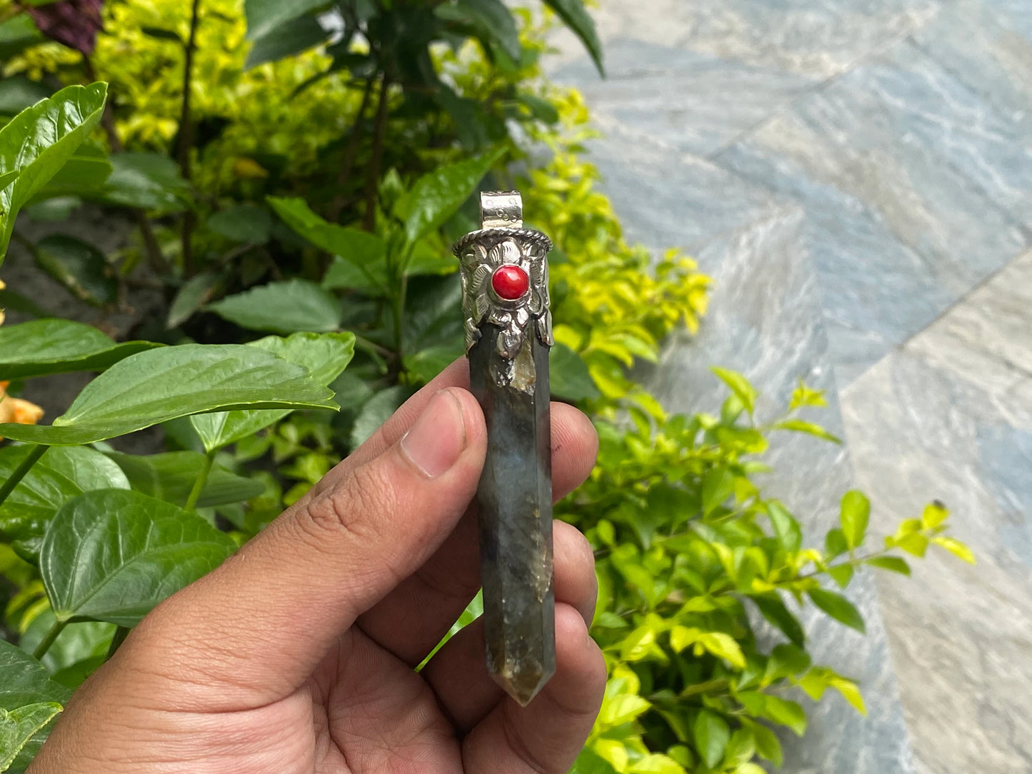 Healing Labradorite Pendant with Boho Charm, Daily wear pendant, Pointed Pendant, Coral adorned pendant.