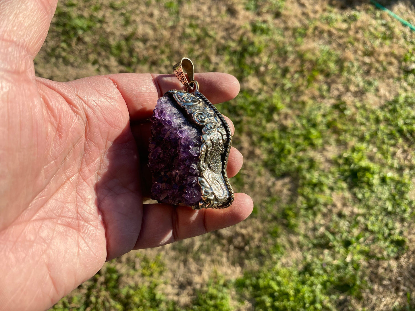 Raw Amethyst Druzy Natural Stone Tibetan Silver Pendant, Healing Pendant, Hill Tribe Women's Jewelry, Birthstone Pendant, Pendant Necklace