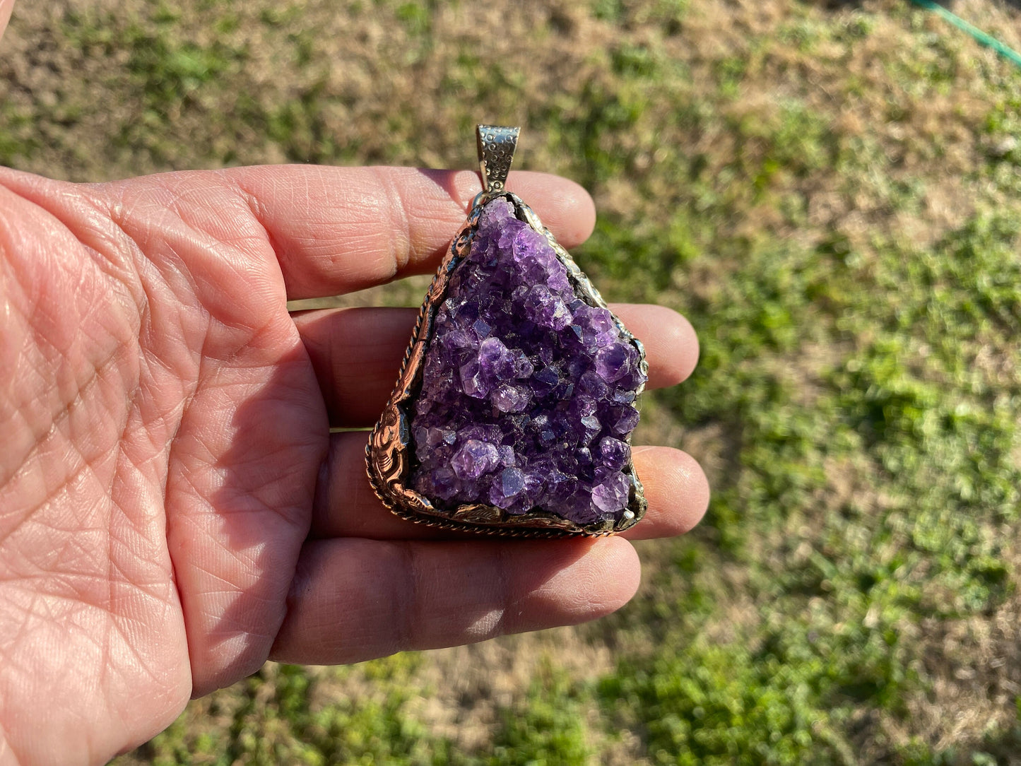 Raw Amethyst Druzy Natural Stone Tibetan Silver Pendant, Healing Pendant, Hill Tribe Women's Jewelry, Birthstone Pendant, Pendant Necklace