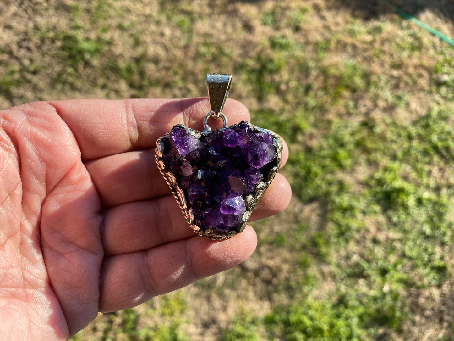 Raw Amethyst Druzy Natural Stone Tibetan Silver Pendant, Healing Pendant, Hill Tribe Women's Jewelry, Birthstone Pendant, Pendant Necklace