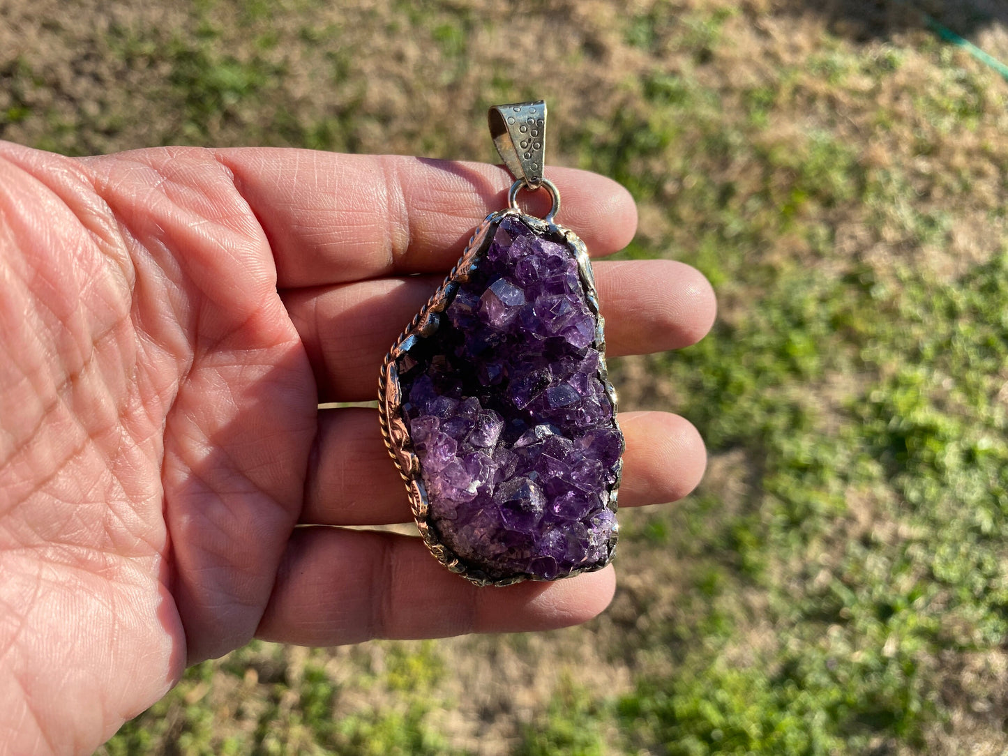 Raw Amethyst Druzy Natural Stone Tibetan Silver Pendant, Healing Pendant, Hill Tribe Women's Jewelry, Birthstone Pendant, Pendant Necklace