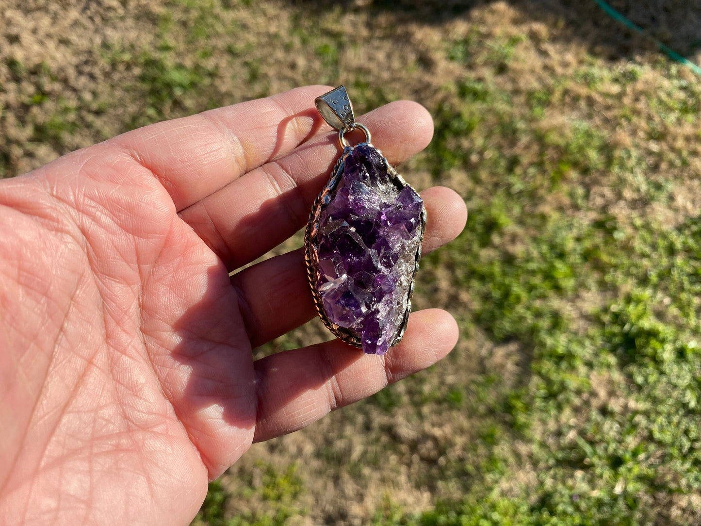 Raw Amethyst Druzy Natural Stone Tibetan Silver Pendant, Healing Pendant, Hill Tribe Women's Jewelry, Birthstone Pendant, Pendant Necklace