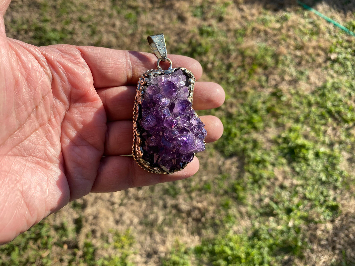 Raw Amethyst Druzy Natural Stone Tibetan Silver Pendant, Healing Pendant, Hill Tribe Women's Jewelry, Birthstone Pendant, Pendant Necklace