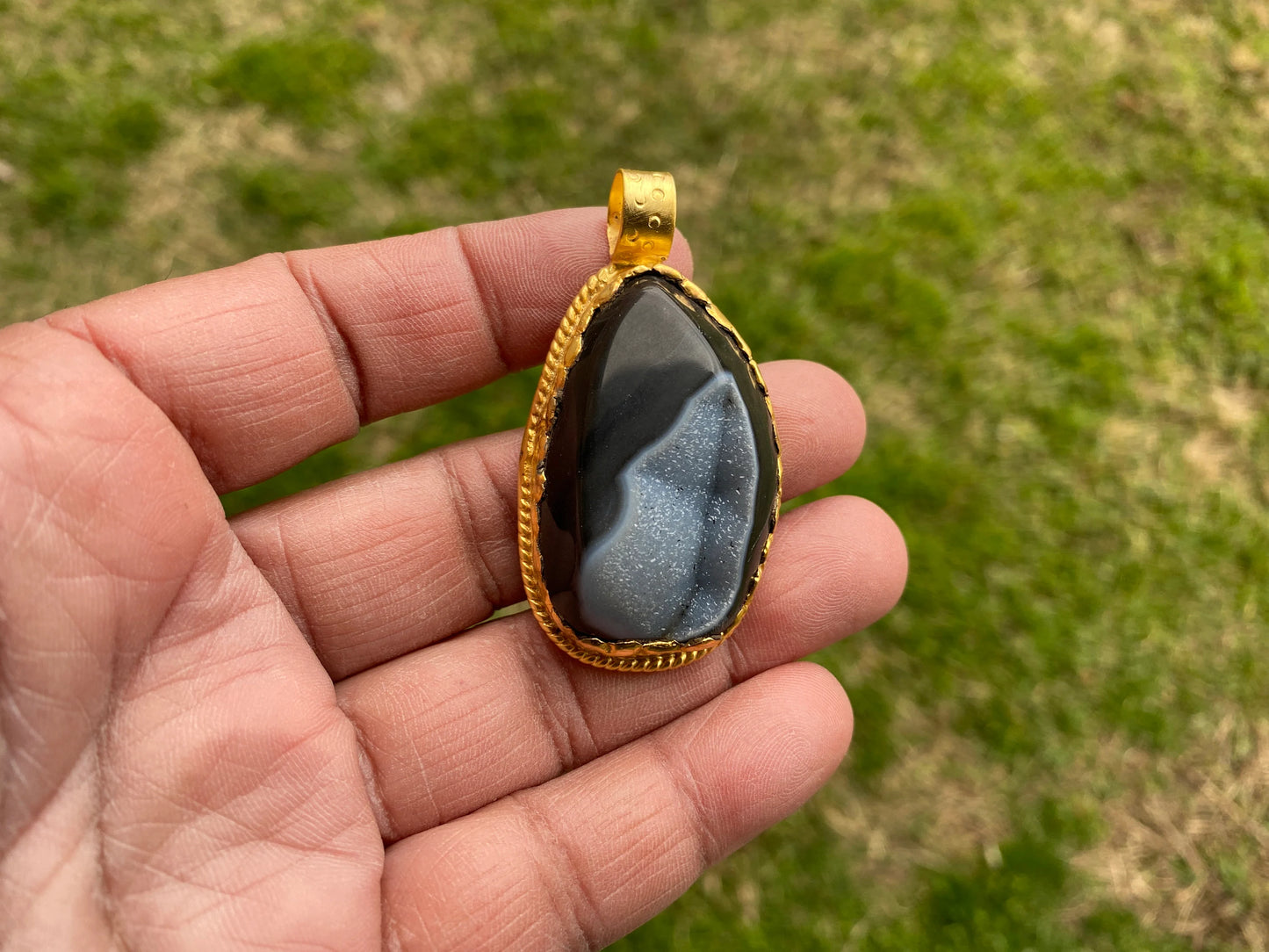 Raw Agate Druzy Stone Non Tarnish Brushed Gold Overlay Pendant, Healing Pendant, Hill Tribe Women's Jewelry, Birthstone Pendant for Necklace