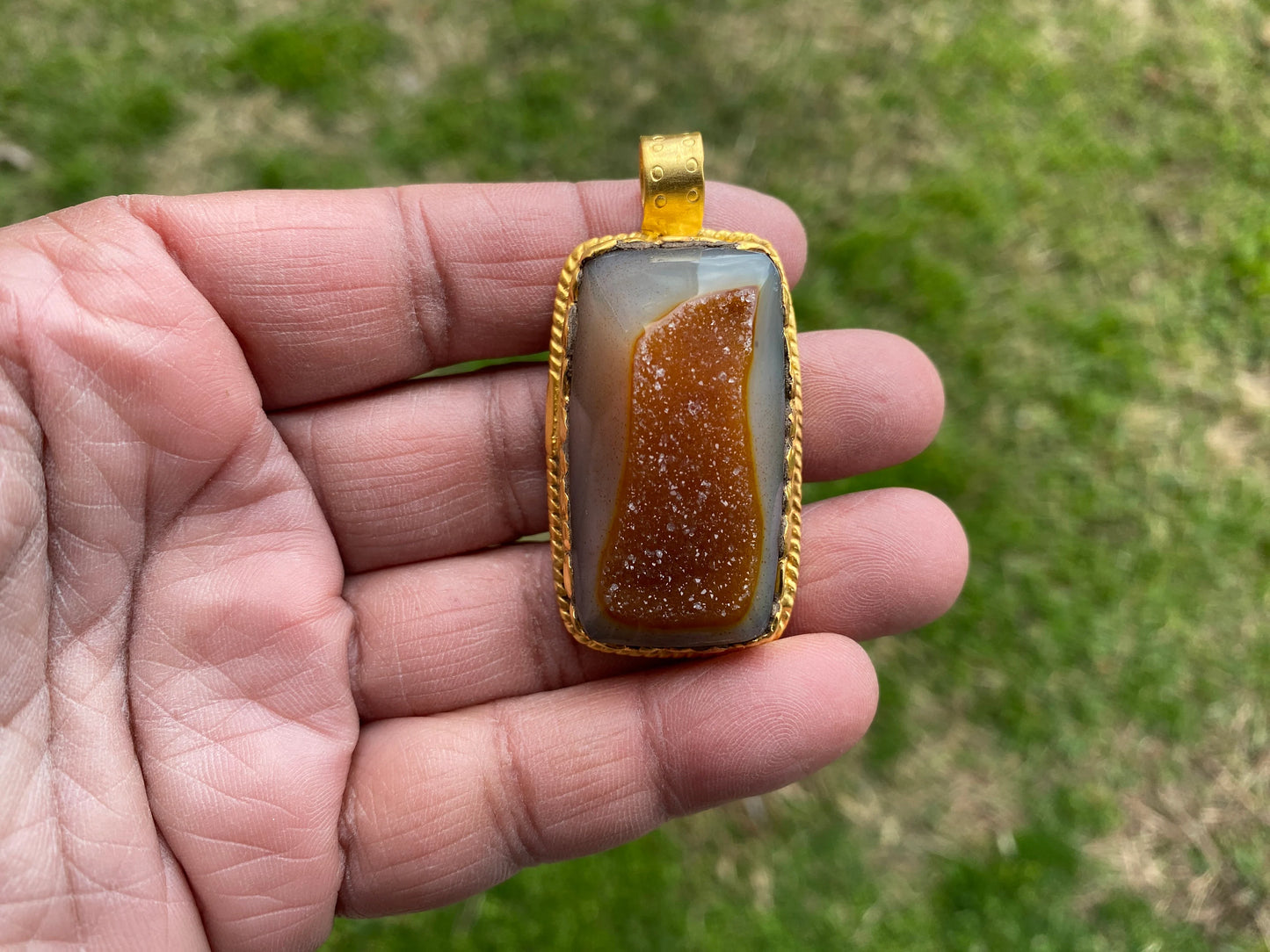 Raw Agate Druzy Stone Non Tarnish Brushed Gold Overlay Pendant, Healing Pendant, Hill Tribe Women's Jewelry, Birthstone Pendant for Necklace