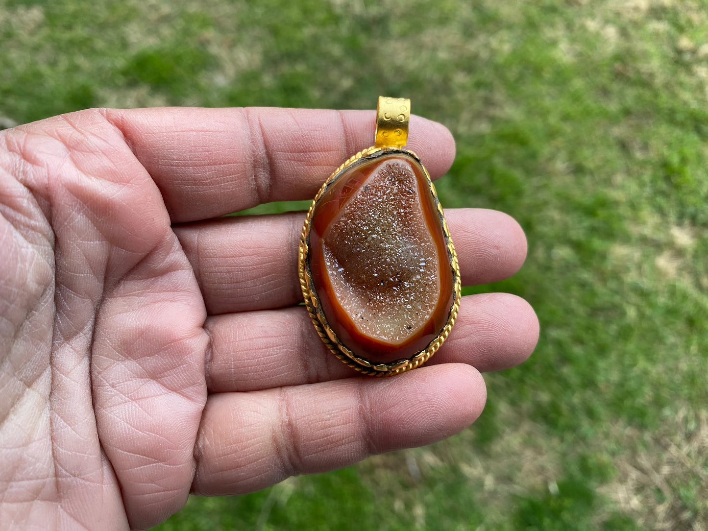 Raw Agate Druzy Stone Non Tarnish Brushed Gold Overlay Pendant, Healing Pendant, Hill Tribe Women's Jewelry, Birthstone Pendant for Necklace
