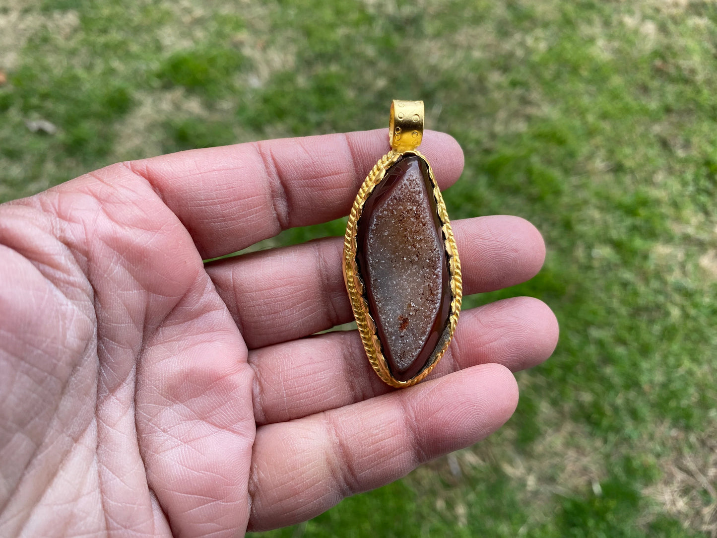 Raw Agate Druzy Stone Non Tarnish Brushed Gold Overlay Pendant, Healing Pendant, Hill Tribe Women's Jewelry, Birthstone Pendant for Necklace