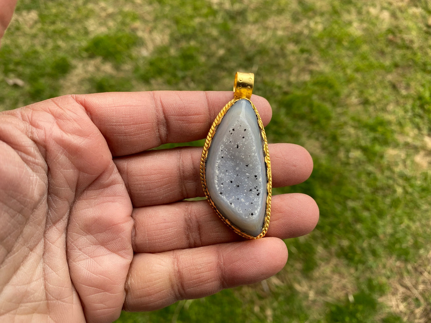Raw Agate Druzy Stone Non Tarnish Brushed Gold Overlay Pendant, Healing Pendant, Hill Tribe Women's Jewelry, Birthstone Pendant for Necklace