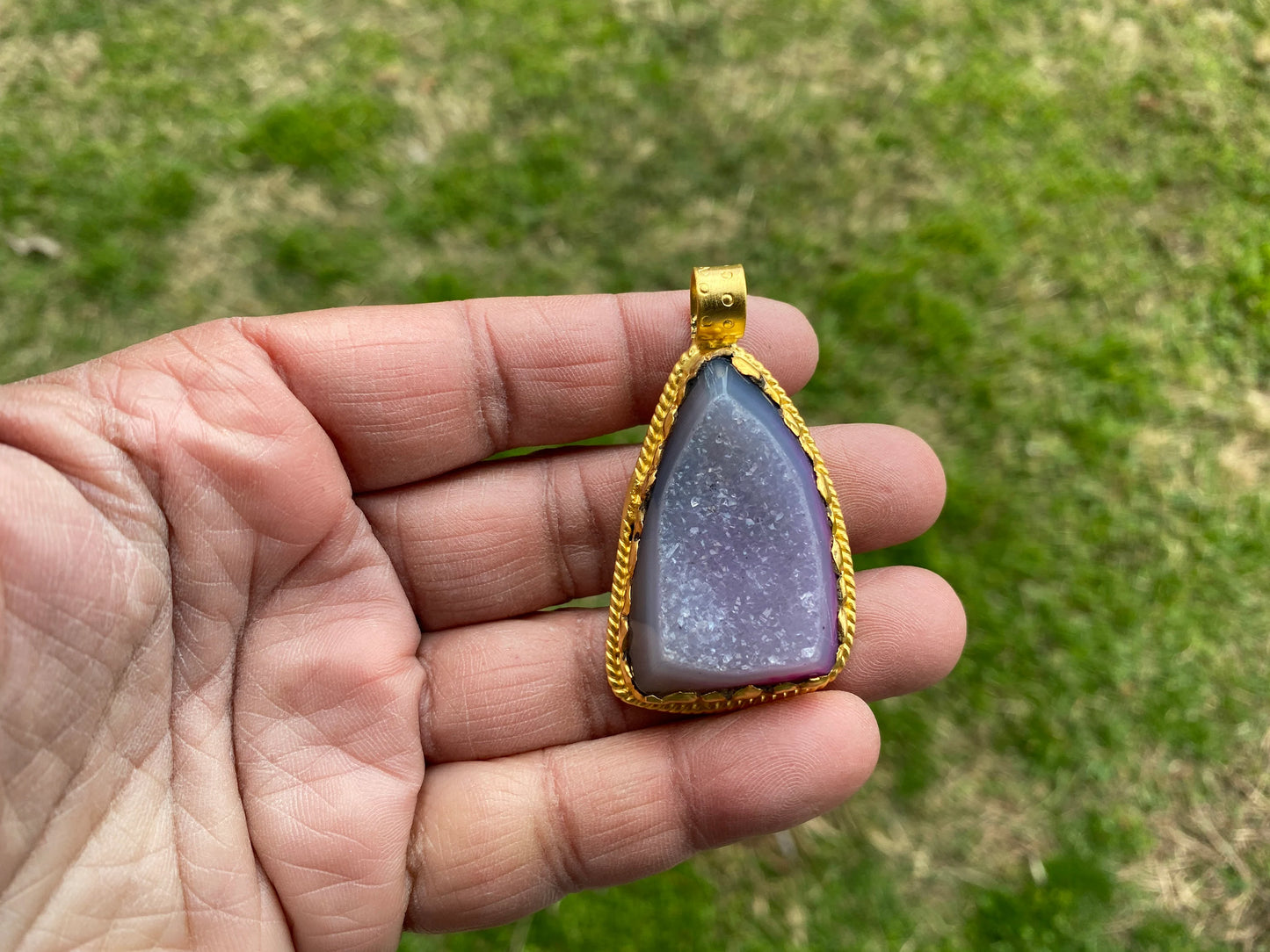 Raw Agate Druzy Stone Non Tarnish Brushed Gold Overlay Pendant, Healing Pendant, Hill Tribe Women's Jewelry, Birthstone Pendant for Necklace