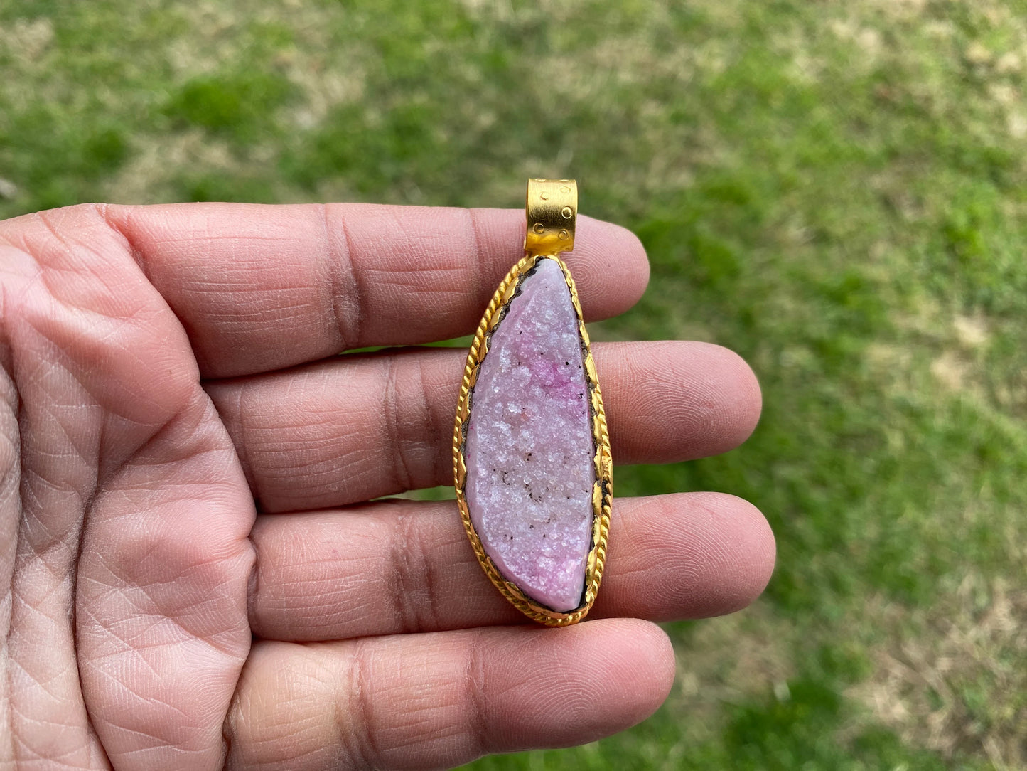 Raw Agate Druzy Stone Non Tarnish Brushed Gold Overlay Pendant, Healing Pendant, Hill Tribe Women's Jewelry, Birthstone Pendant for Necklace