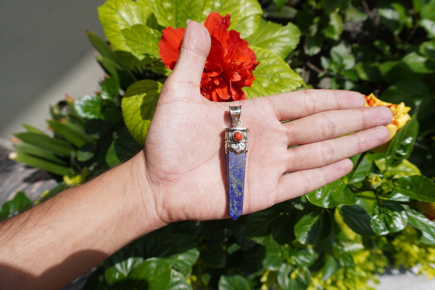 Lapis lazuli with Red Coral Tibetan Silver Pendant | Healing Pendant, Natural Gemstone, Unisex Pendant, Pointed Pendant, gift ideas