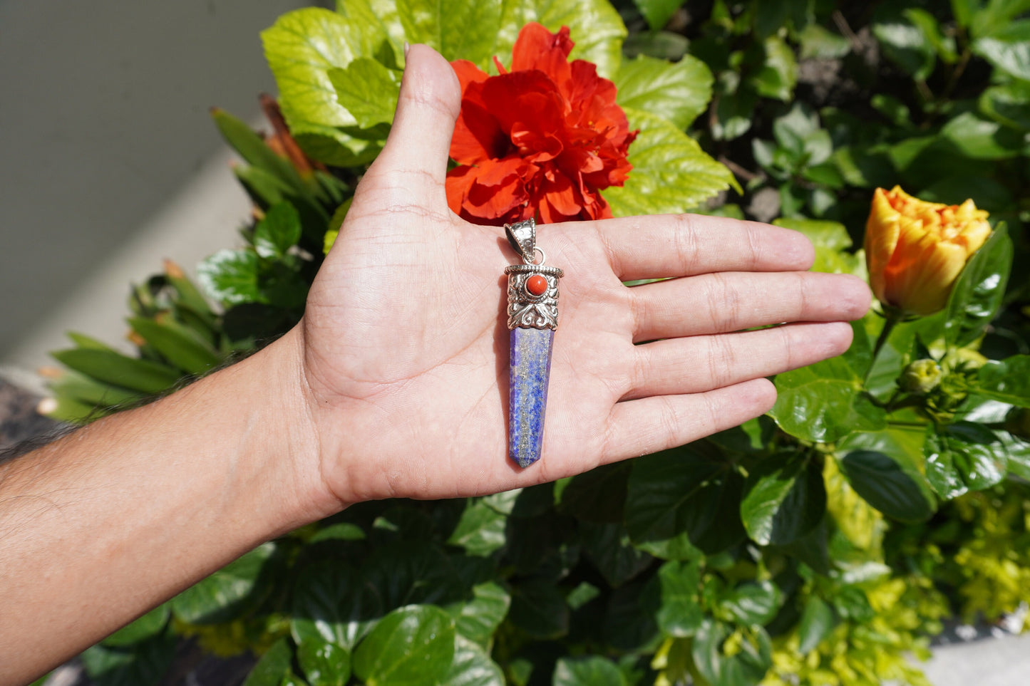 Lapis lazuli with Red Coral Tibetan Silver Pendant | Healing Pendant, Natural Gemstone, Unisex Pendant, Pointed Pendant, gift ideas