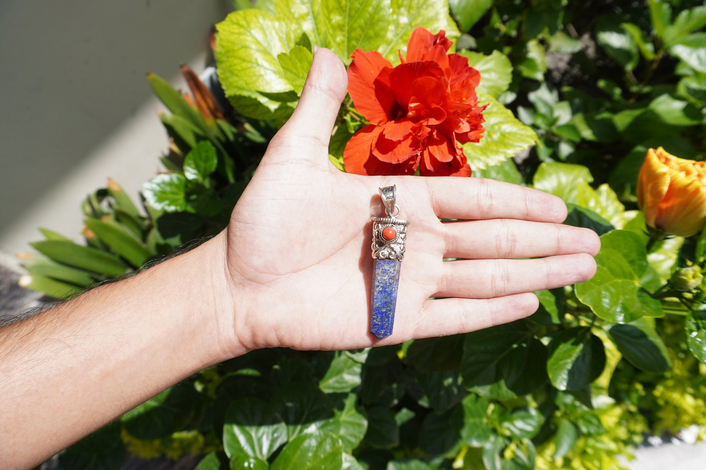 Lapis lazuli with Red Coral Tibetan Silver Pendant | Healing Pendant, Natural Gemstone, Unisex Pendant, Pointed Pendant, gift ideas