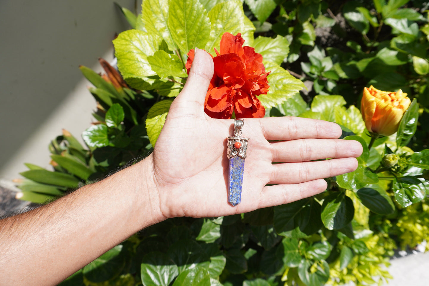 Lapis lazuli with Red Coral Tibetan Silver Pendant | Healing Pendant, Natural Gemstone, Unisex Pendant, Pointed Pendant, gift ideas