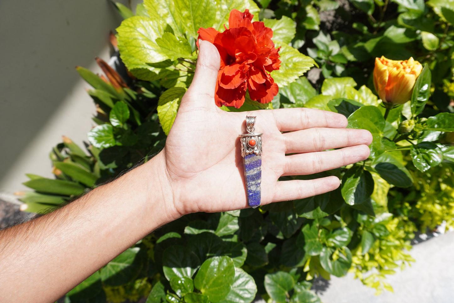 Lapis lazuli with Red Coral Tibetan Silver Pendant | Healing Pendant, Natural Gemstone, Unisex Pendant, Pointed Pendant, gift ideas