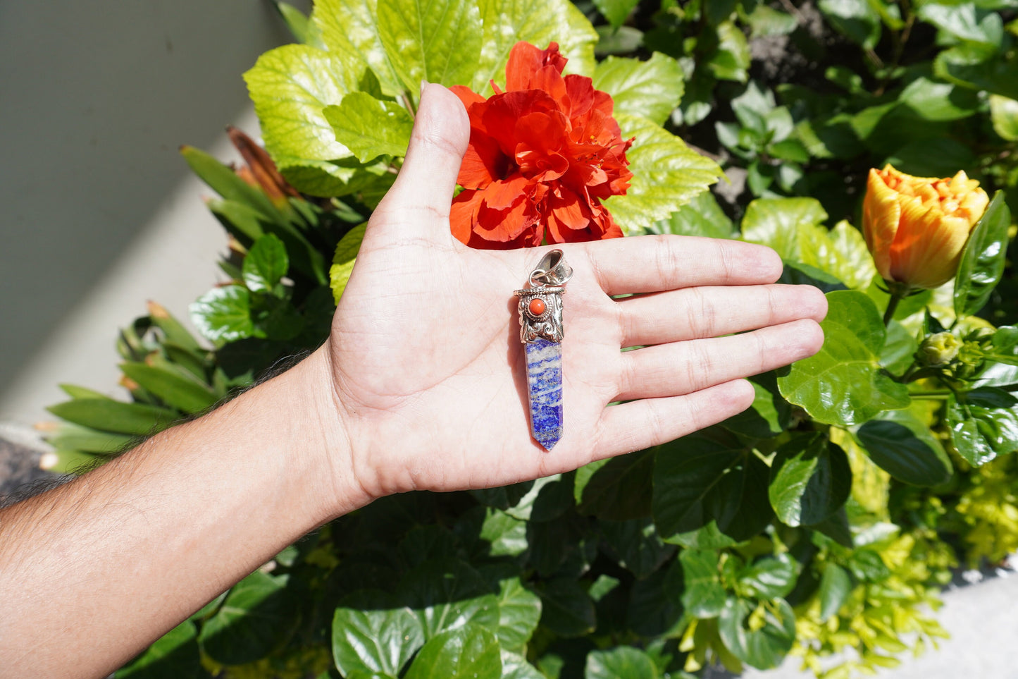Lapis lazuli with Red Coral Tibetan Silver Pendant | Healing Pendant, Natural Gemstone, Unisex Pendant, Pointed Pendant, gift ideas