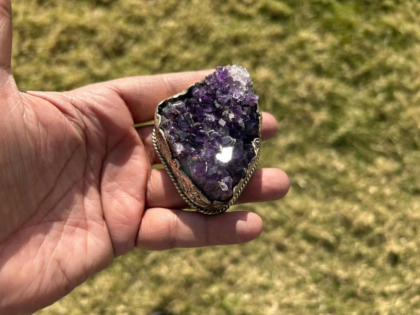 Heavy Large Raw Amethyst Druzy Natural Stone Tibetan Silver Pendant, Healing Pendant, Hill Tribe Jewelry, Birthstone Pendant, Clip Open Bail