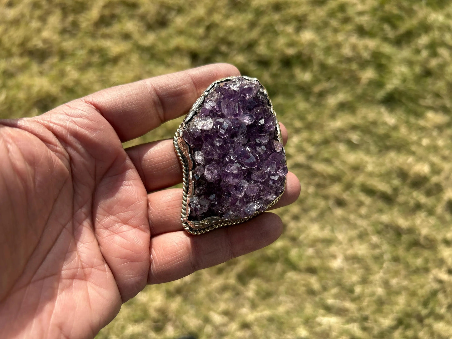 Heavy Large Raw Amethyst Druzy Natural Stone Tibetan Silver Pendant, Healing Pendant, Hill Tribe Jewelry, Birthstone Pendant, Clip Open Bail