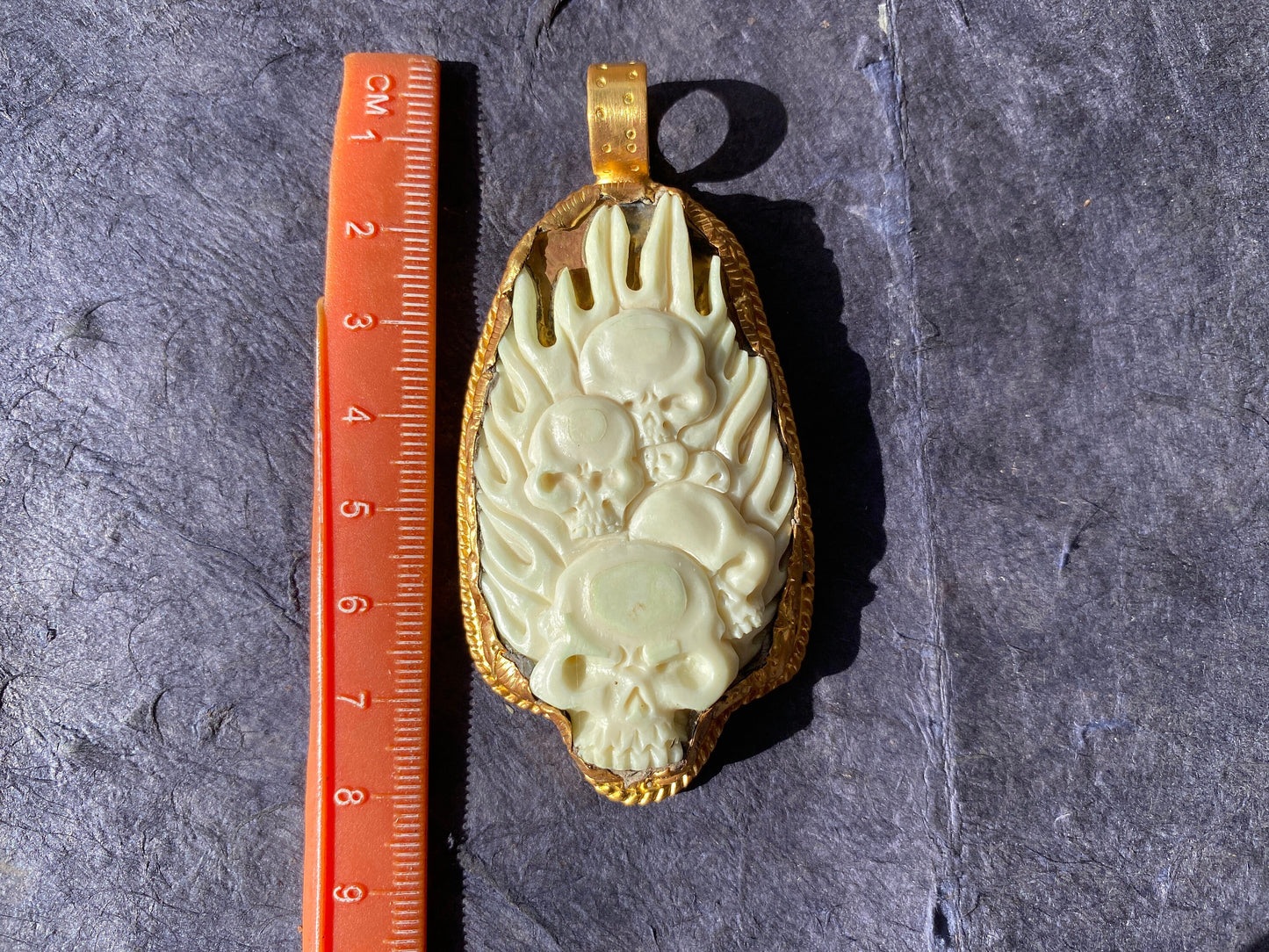 Skull with Fire Bone Pendant, High Quality 18K Brushed Gold Overlay Non Tarnish, Unisex Biker Skull Pendant, Gift for Him, Gothic Jewelry