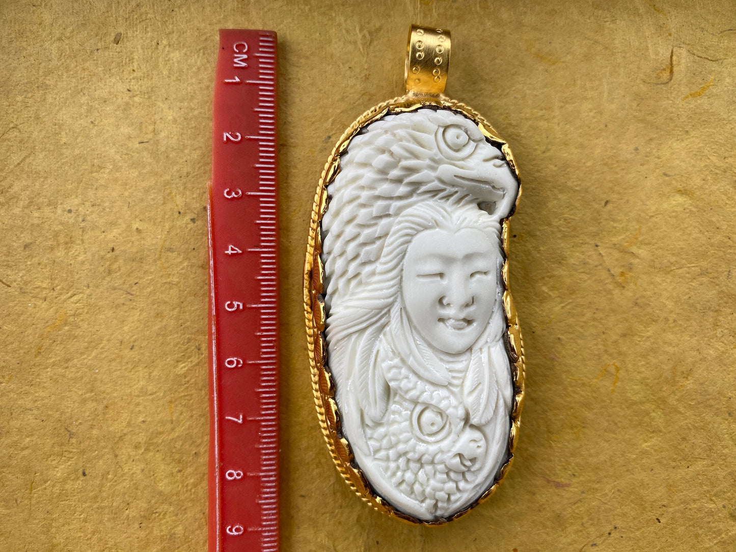 High Quality 18K Matte Gold Overlay Non Tarnish Large Eagle with Lady Face, Unisex Pendant, Tribal Jewelry, Himalayan Jewelry, Carved Animal