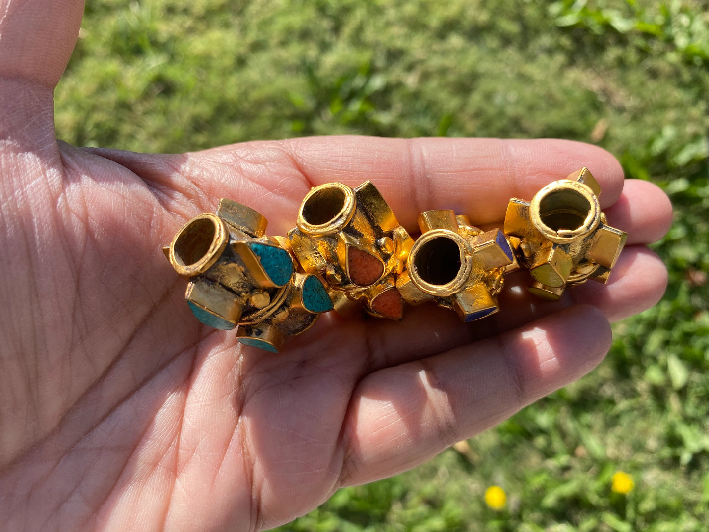 High Quality 18K Non Tarnish Brushed Gold Overlay Over Brass Tibetan Focal Beads, Turquoise, Lapis, Coral or Inlay, Tibetan Designs