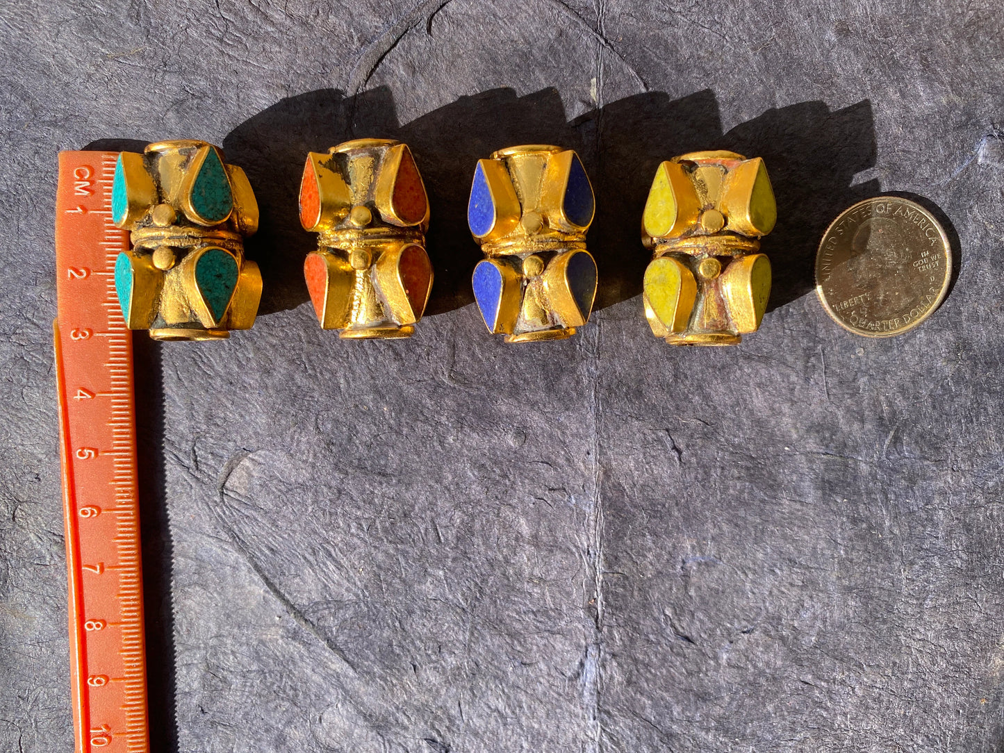 High Quality 18K Non Tarnish Brushed Gold Overlay Over Brass Tibetan Focal Beads, Turquoise, Lapis, Coral or Inlay, Tibetan Designs