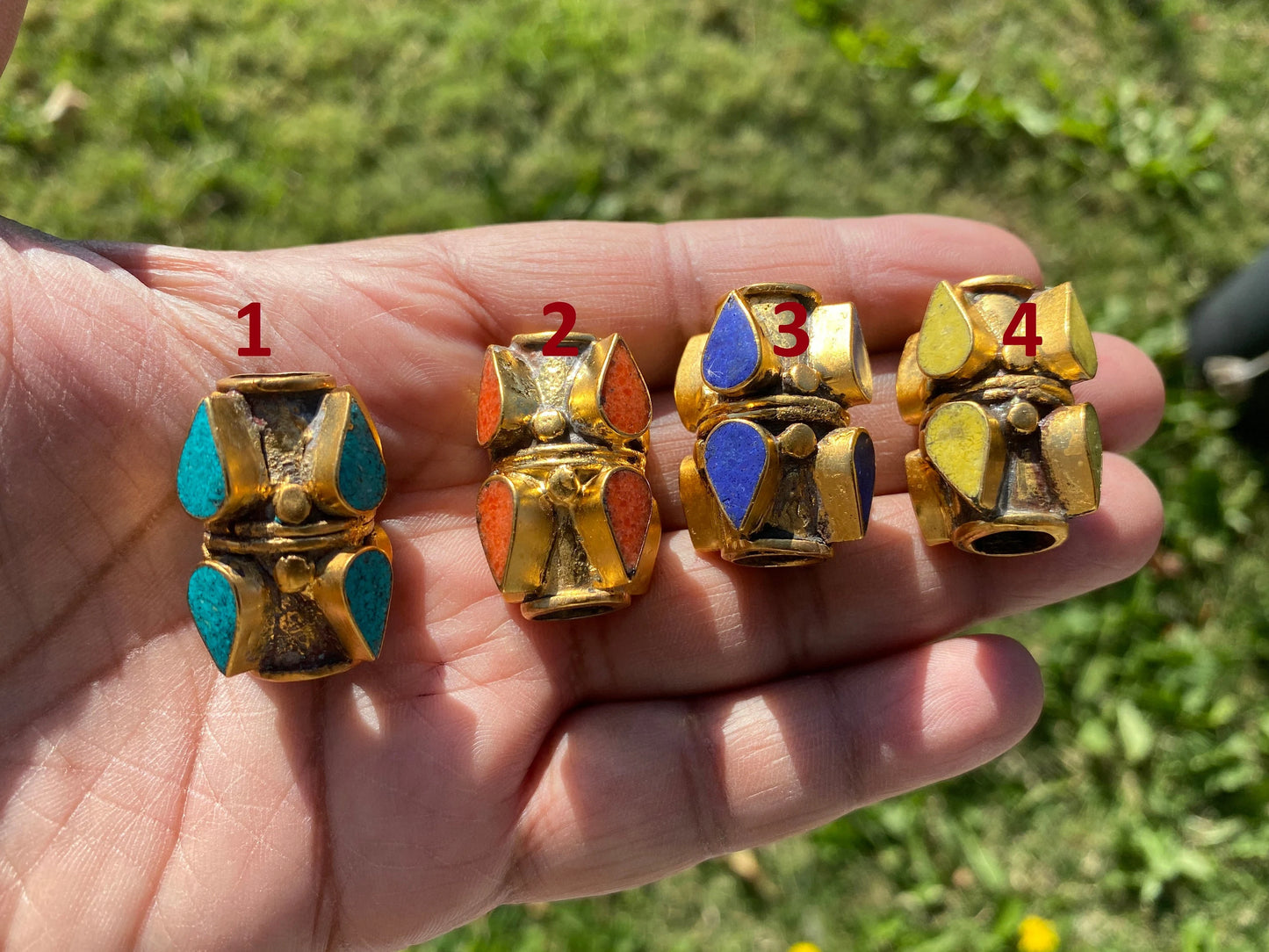 High Quality 18K Non Tarnish Brushed Gold Overlay Over Brass Tibetan Focal Beads, Turquoise, Lapis, Coral or Inlay, Tibetan Designs