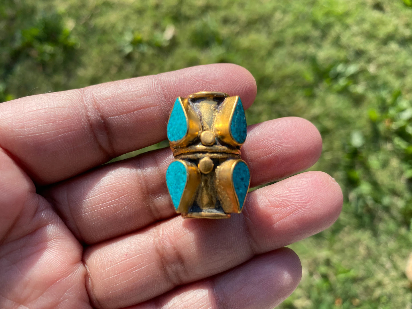 High Quality 18K Non Tarnish Brushed Gold Overlay Over Brass Tibetan Focal Beads, Turquoise, Lapis, Coral or Inlay, Tibetan Designs