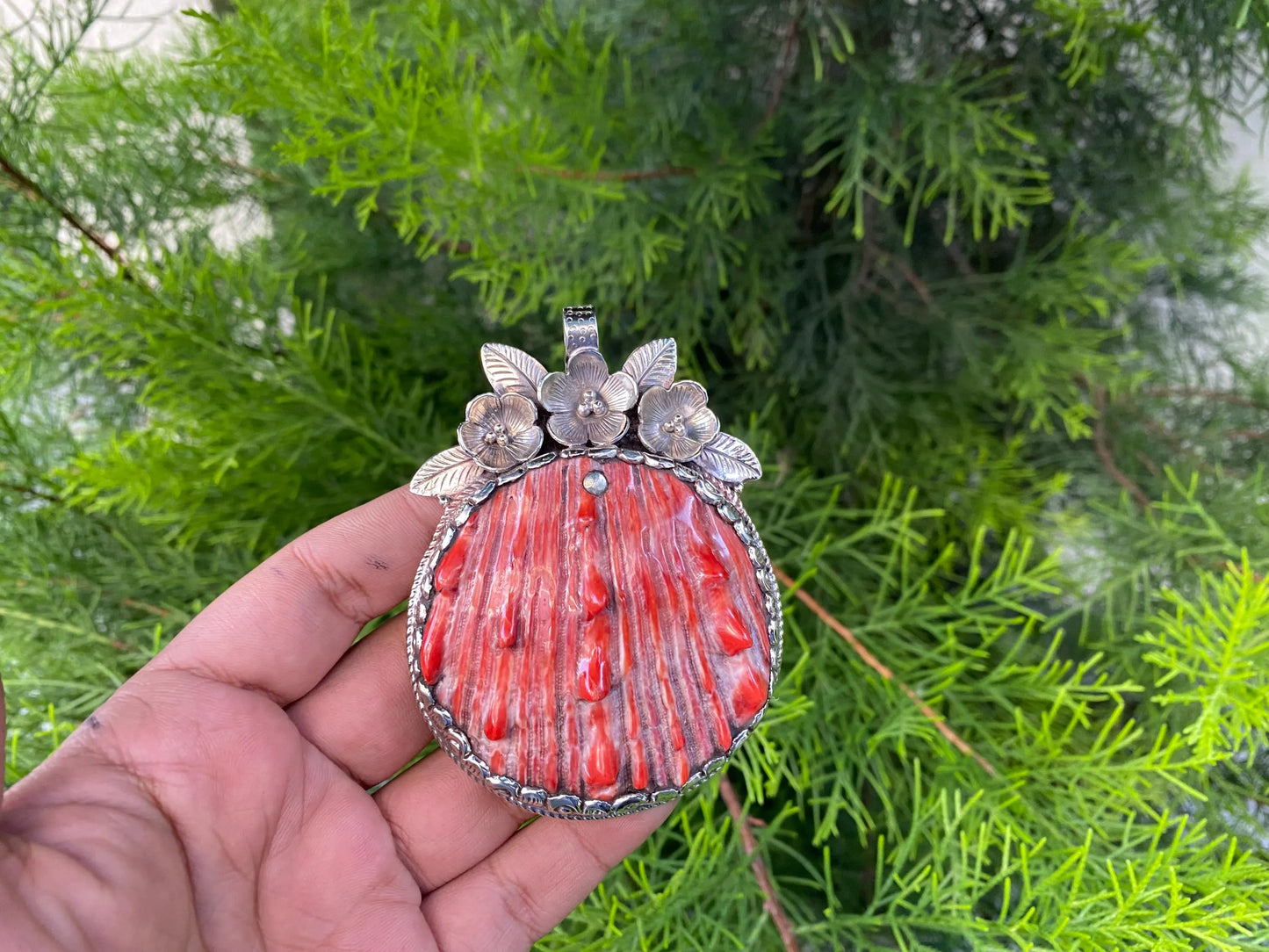 High Quality Spiny Oyster Shell Tibetan Silver Large Pendant, Bohemian Jewelry for Men or Women, Etheric Tibetan Jewlry, Healing Pendant