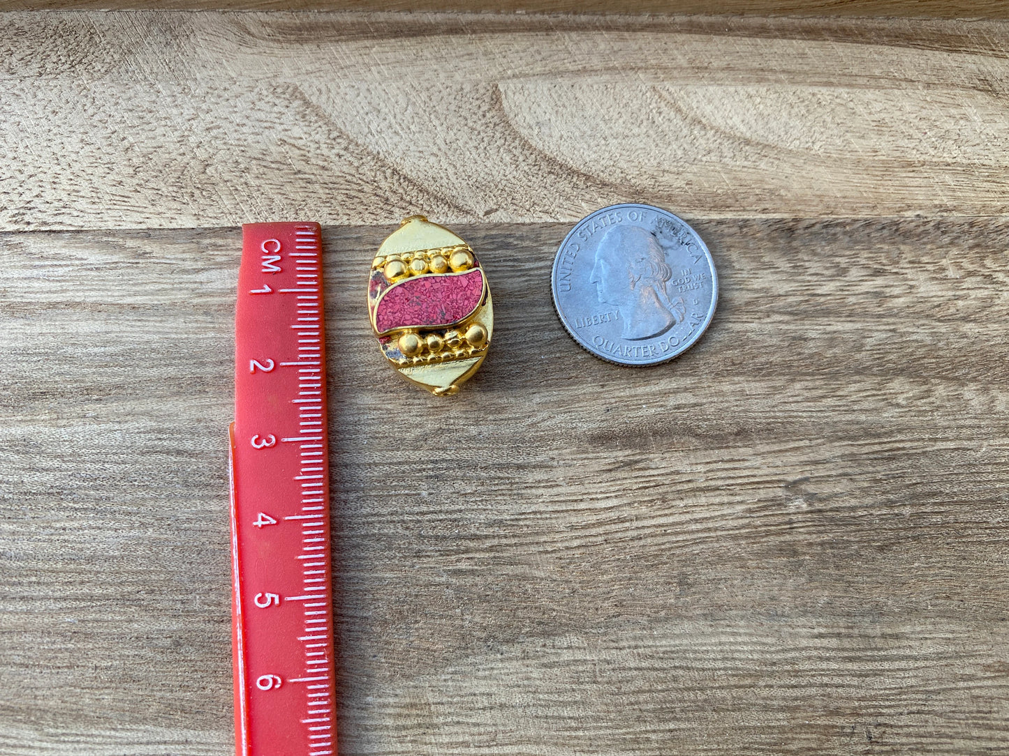 Himalayan Bead, 18k Brushed Gold Overlay Over Brass, Coral Inlay, Handmade Mala Bead for Necklace, Prayer Boho Bead, Jewelry Making Supplies