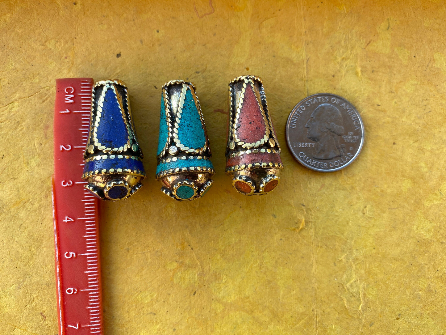 Himalayan Brass Mala Bead, Turquoise, Coral or Lapis Inlaid, Tibetan Beads for Necklace, Bracelet Charm, Guru Bead, Center Bead, Hill Tribe