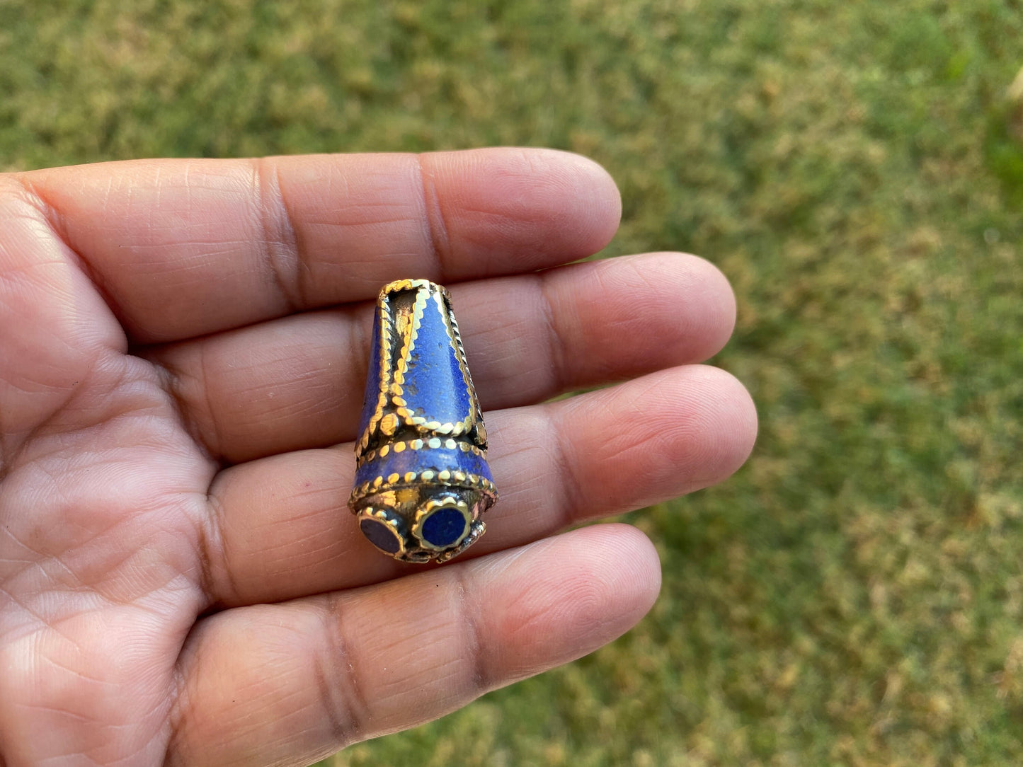 Himalayan Brass Mala Bead, Turquoise, Coral or Lapis Inlaid, Tibetan Beads for Necklace, Bracelet Charm, Guru Bead, Center Bead, Hill Tribe