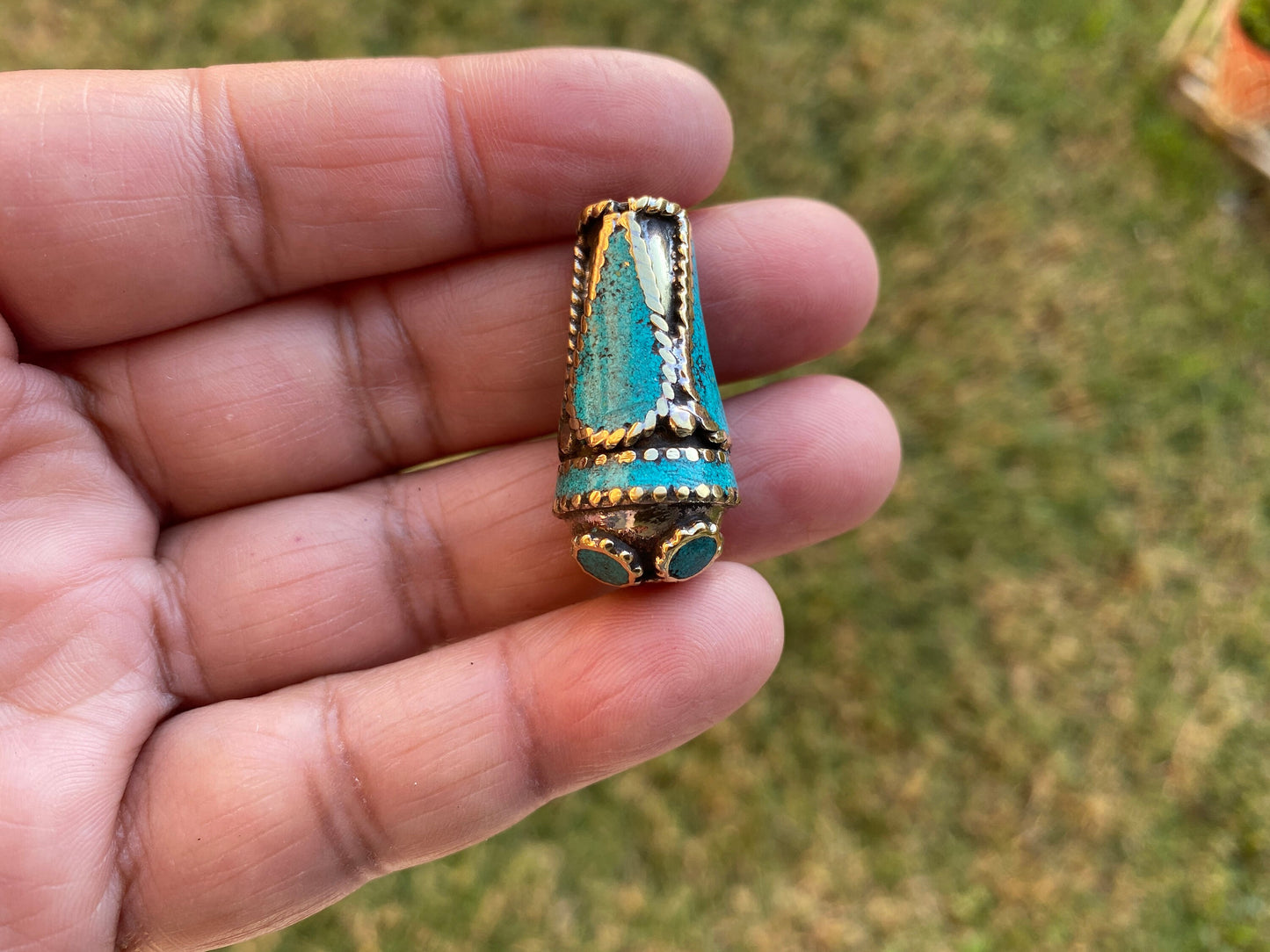 Himalayan Brass Mala Bead, Turquoise, Coral or Lapis Inlaid, Tibetan Beads for Necklace, Bracelet Charm, Guru Bead, Center Bead, Hill Tribe