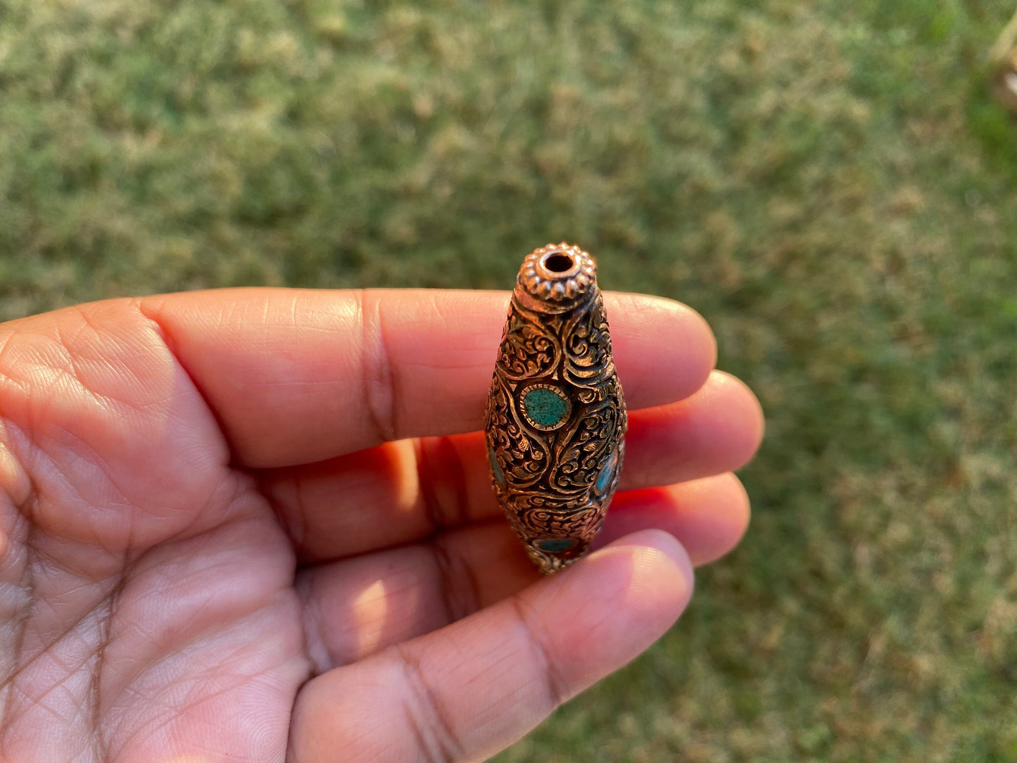 Himalayan Copper Center Bead, Turquoise or Coral Inlaid, Tibetan Beads for Necklace, Bracelet Charm, Guru Bead, Mala Bead, Ethnic Hill Tribe