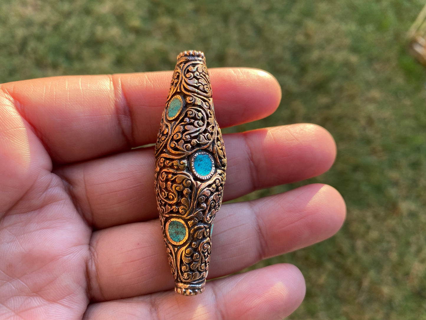 Himalayan Copper Center Bead, Turquoise or Coral Inlaid, Tibetan Beads for Necklace, Bracelet Charm, Guru Bead, Mala Bead, Ethnic Hill Tribe