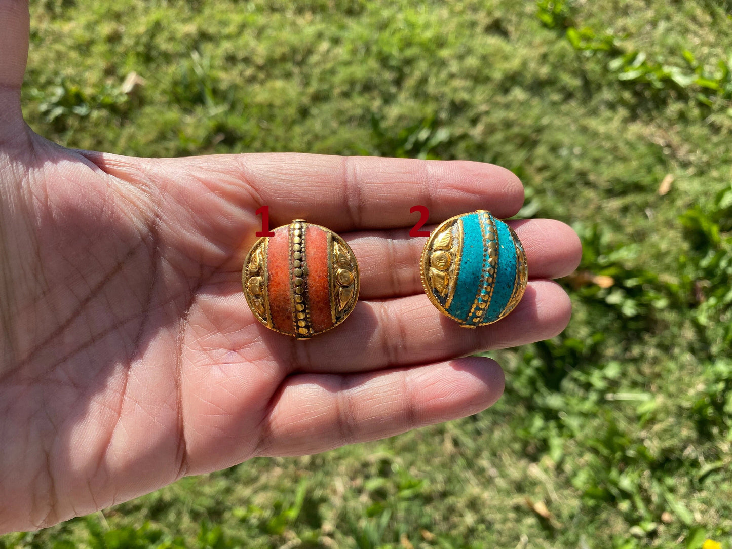 Himalayan Gold Beads, 18k Non Tarnish Brushed Gold Overlay Over Brass Bead, Turquoise with Coral Inlaid, Handmade Guru Bead for Necklace