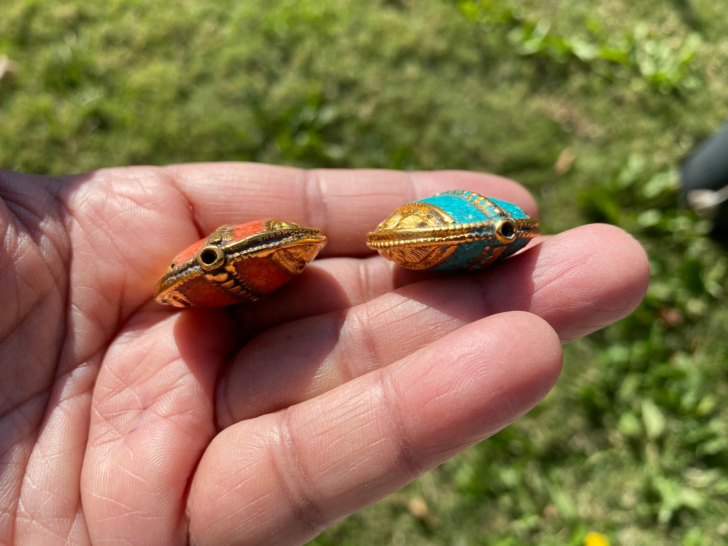 Himalayan Gold Beads, 18k Non Tarnish Brushed Gold Overlay Over Brass Bead, Turquoise with Coral Inlaid, Handmade Guru Bead for Necklace