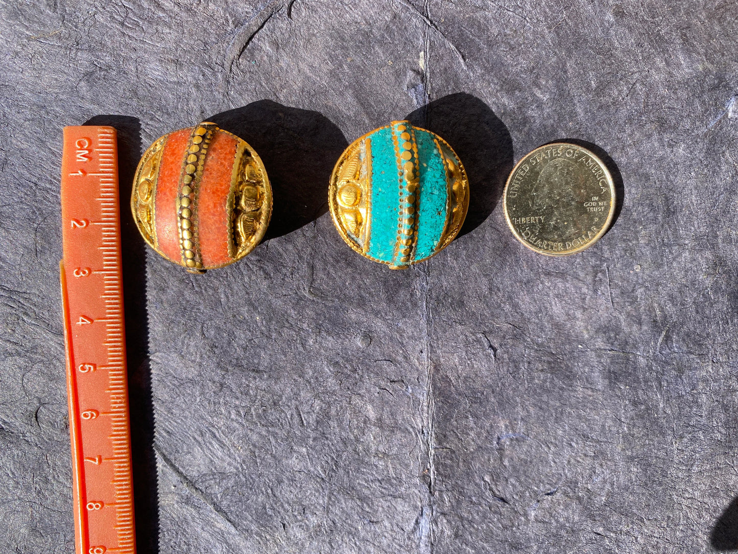 Himalayan Gold Beads, 18k Non Tarnish Brushed Gold Overlay Over Brass Bead, Turquoise with Coral Inlaid, Handmade Guru Bead for Necklace