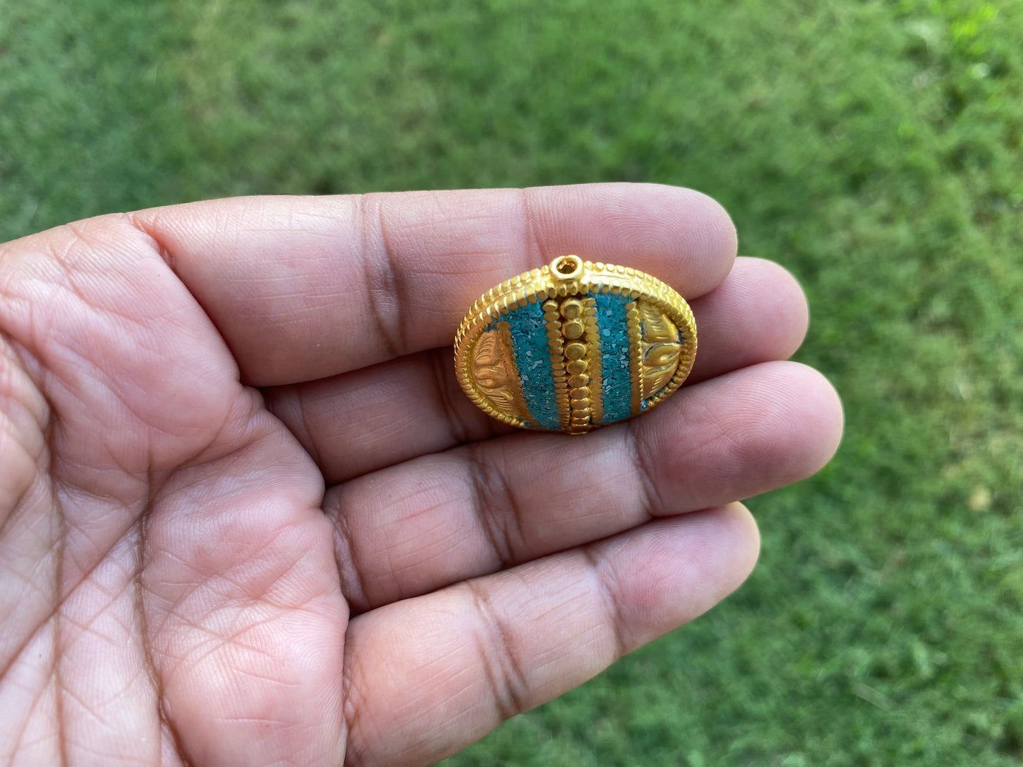 Himalayan Gold Beads, 18k Non Tarnish Brushed Gold Overlay Over Brass Bead, Turquoise with Coral Inlaid, Handmade Guru Bead for Necklace