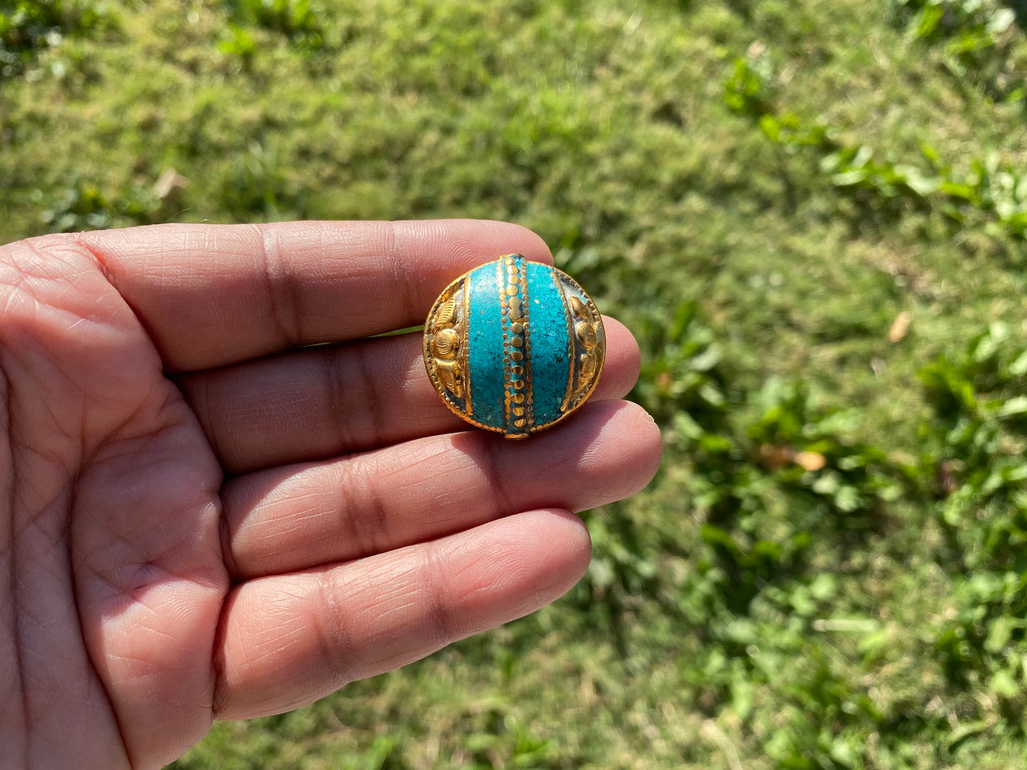 Himalayan Gold Beads, 18k Non Tarnish Brushed Gold Overlay Over Brass Bead, Turquoise with Coral Inlaid, Handmade Guru Bead for Necklace