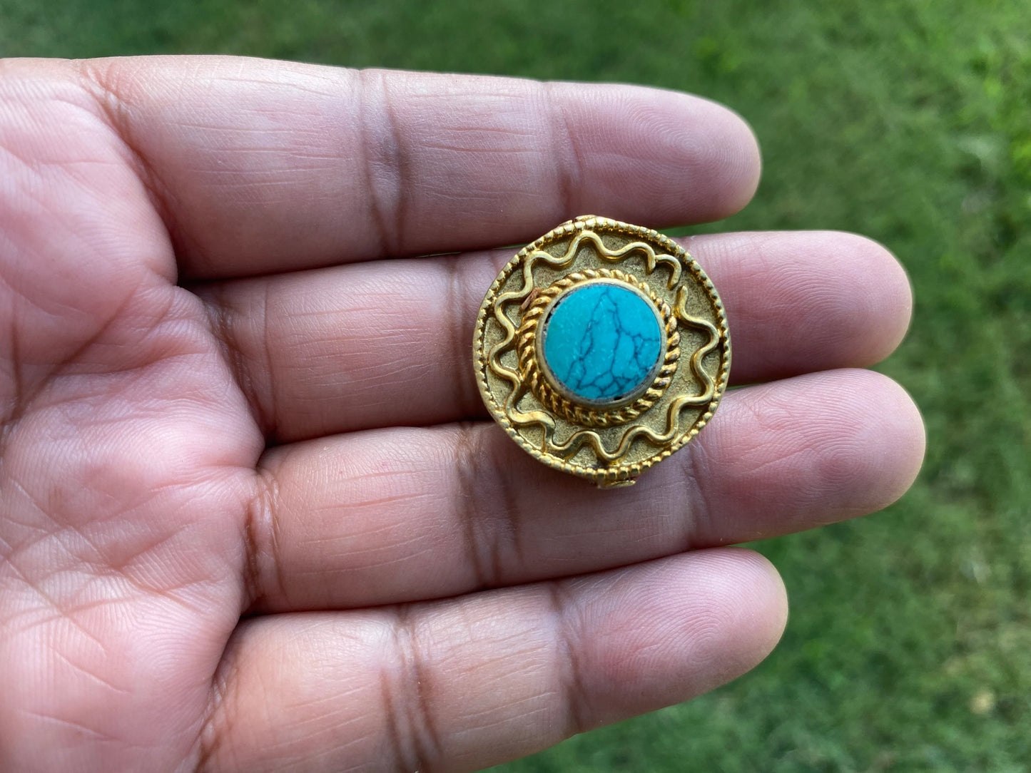 Himalayan Gold Beads, Brushed Gold Overlay Over Brass with Anti Tarnish Bead, Turquoise with Coral Inlaid, Handmade Guru Bead for Necklace