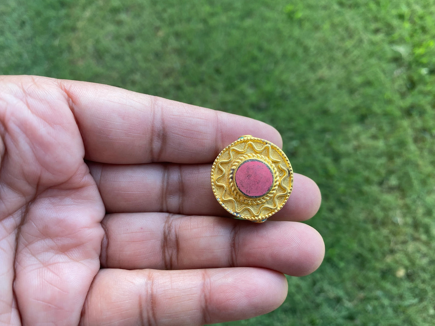 Himalayan Gold Beads, Brushed Gold Overlay Over Brass with Anti Tarnish Bead, Turquoise with Coral Inlaid, Handmade Guru Bead for Necklace