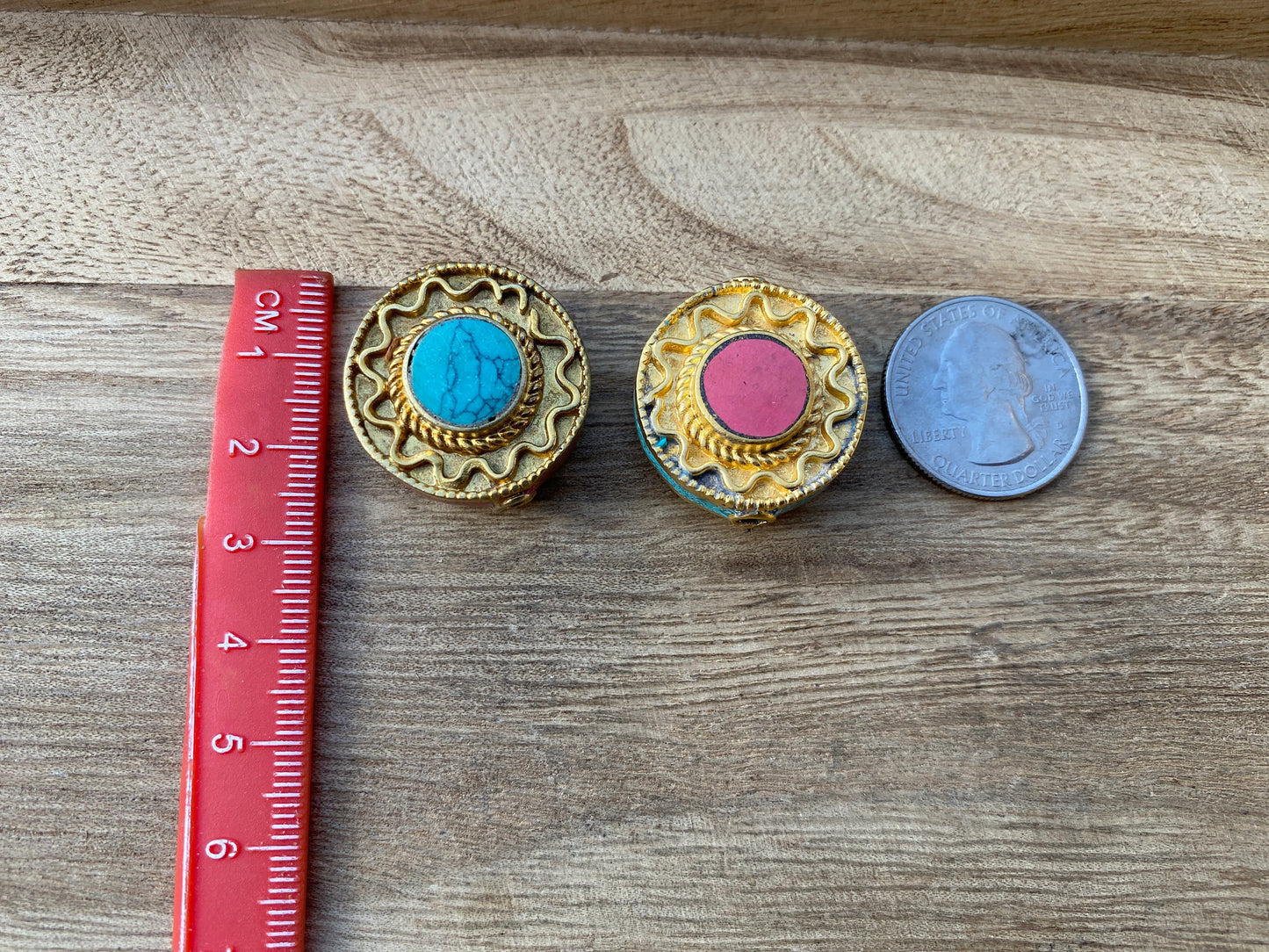 Himalayan Gold Beads, Brushed Gold Overlay Over Brass with Anti Tarnish Bead, Turquoise with Coral Inlaid, Handmade Guru Bead for Necklace