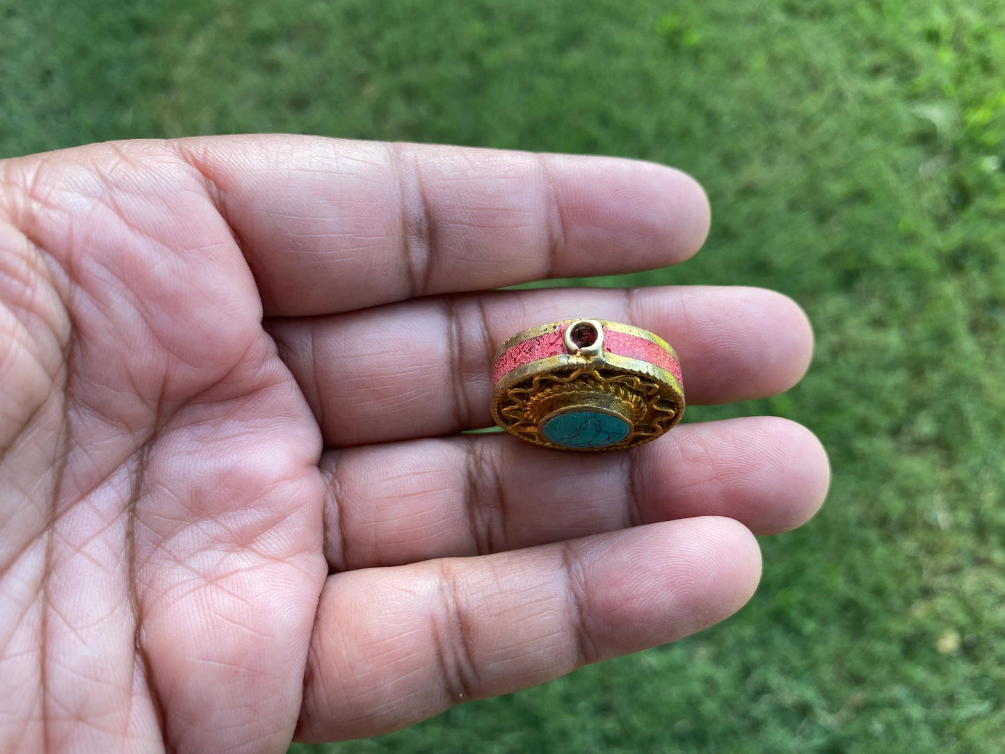 Himalayan Gold Beads, Brushed Gold Overlay Over Brass with Anti Tarnish Bead, Turquoise with Coral Inlaid, Handmade Guru Bead for Necklace