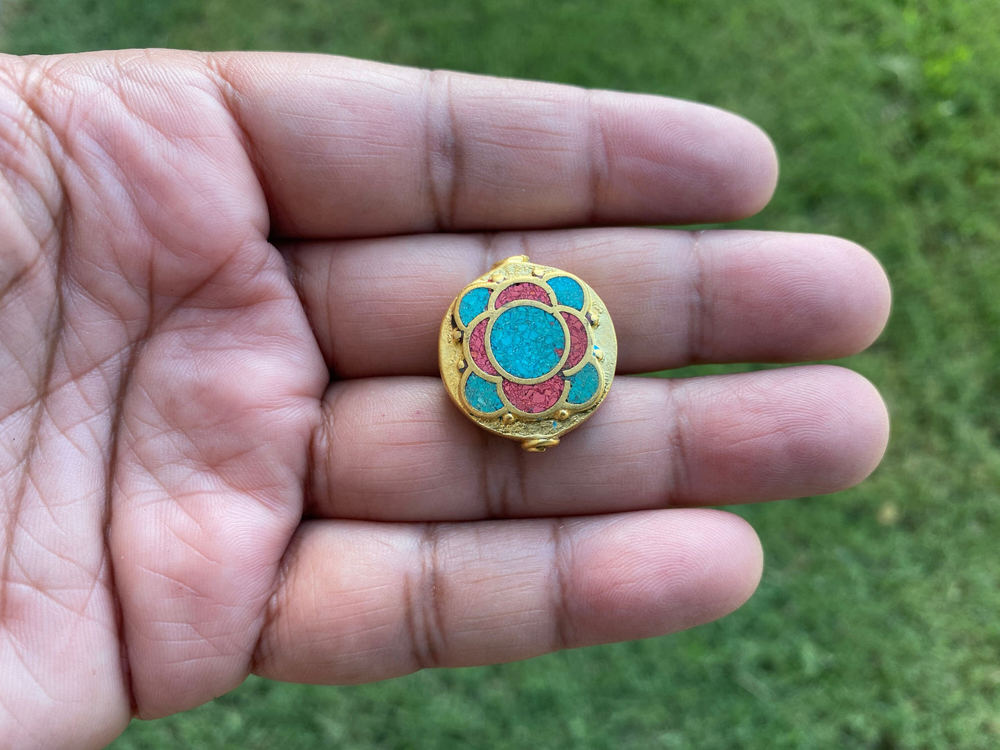 Himalayan Handmade Beads, 18K Brushed Gold Overlay over Brass with Anti Tarnish Bead, Coral with Turquoise Inlay Bead for Necklace/ Bracelet