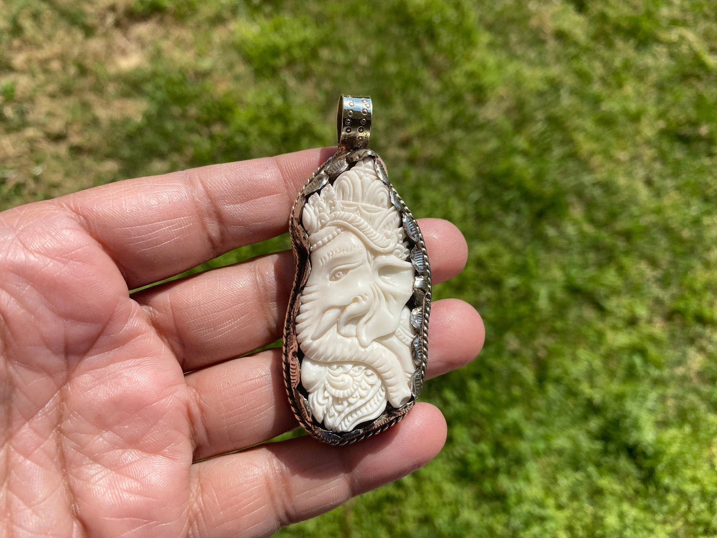 Hindu God Ganesh Carved Bone Tibetan Silver Pendant, Buffalo Bone, Yoga Pendant, Ethnic Jewelry, Tribal, Spiritual Pendant for Men or Women