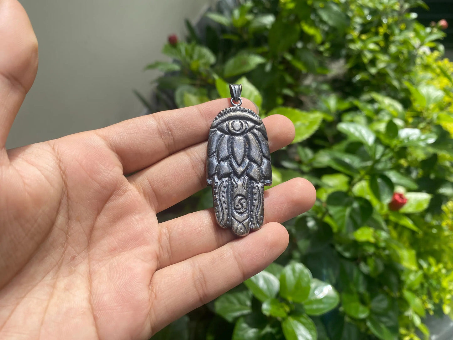 Holy Hand of Fatima Silver Overlay Brass Pendant, Hamsa Jewelry, Spiritual Pendant, Protection Charm, Lucky Amulet, Hand Jewelry.