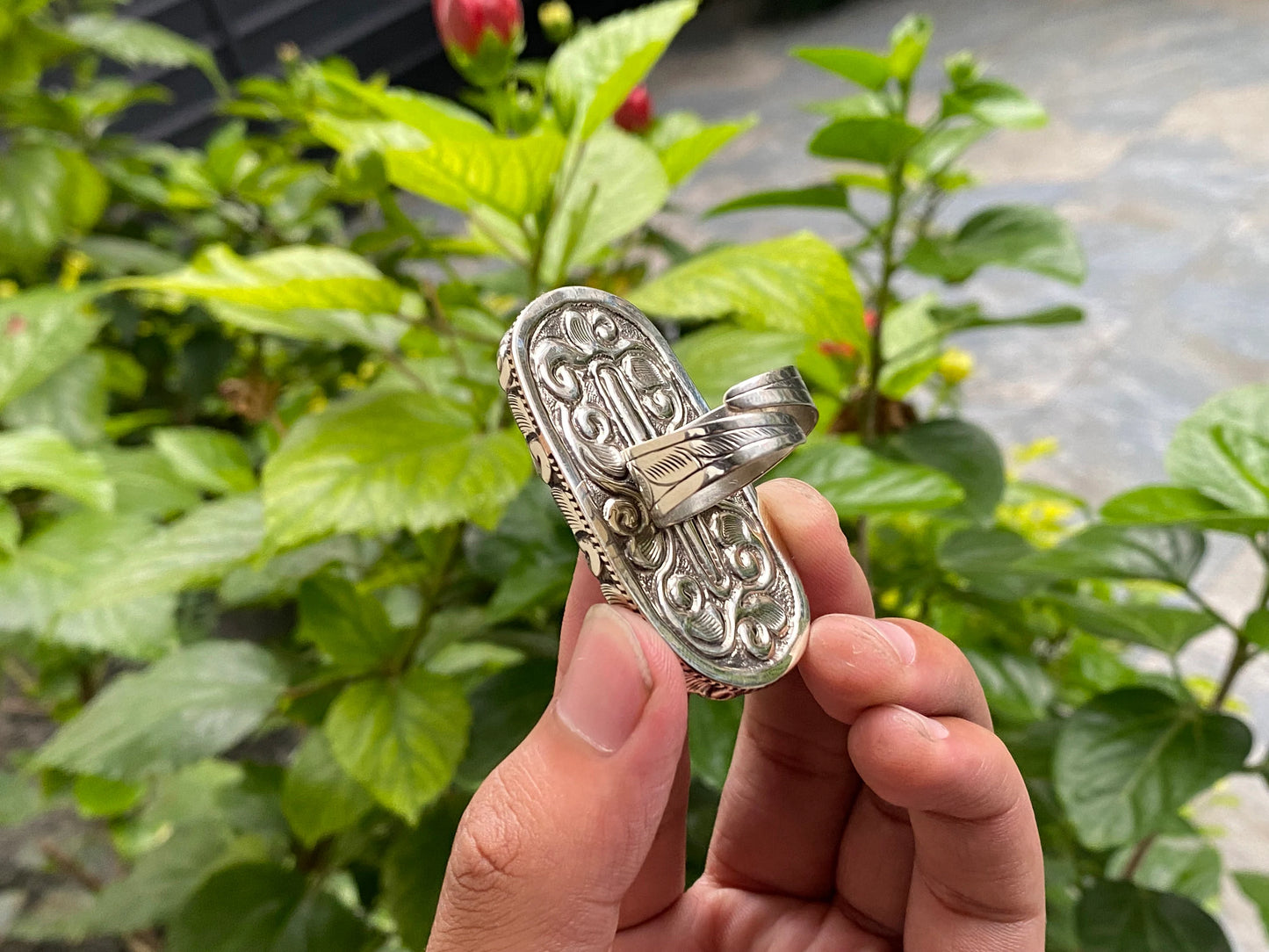 Holy OHM carved Ring, Hindu inspired Ring, Healing Ring, Hammered Ring, Buffalo bone Ring, Hippie fashion, Unisex Ring.