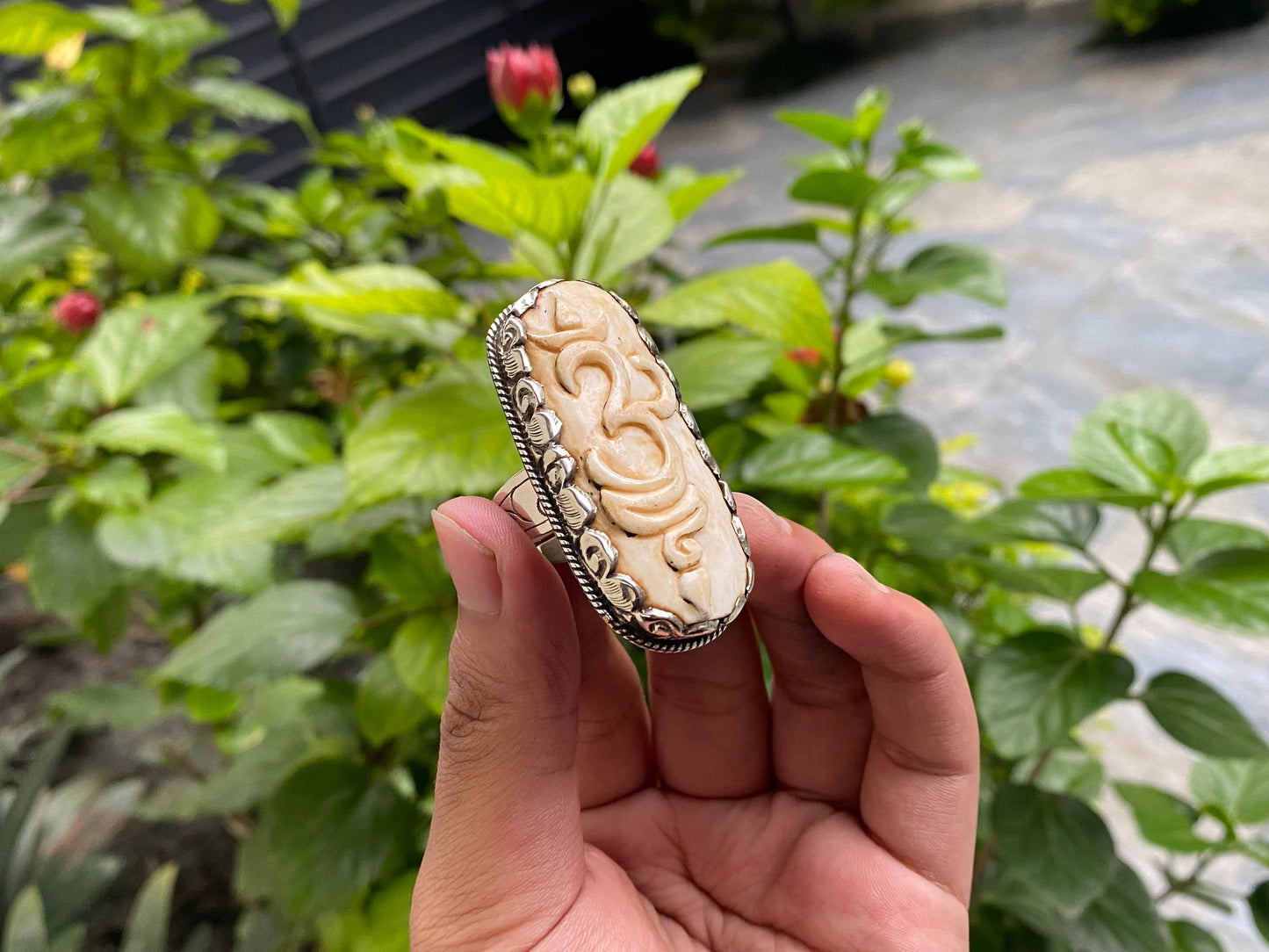 Holy OHM carved Ring, Hindu inspired Ring, Healing Ring, Hammered Ring, Buffalo bone Ring, Hippie fashion, Unisex Ring.