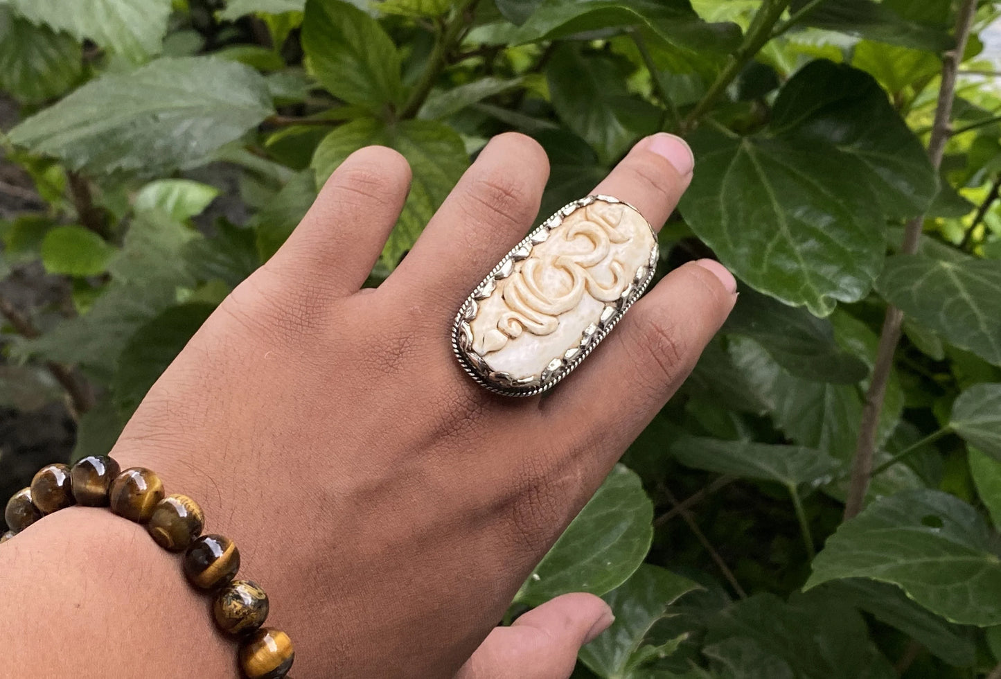 Holy OHM carved Ring, Hindu inspired Ring, Healing Ring, Hammered Ring, Buffalo bone Ring, Hippie fashion, Unisex Ring.